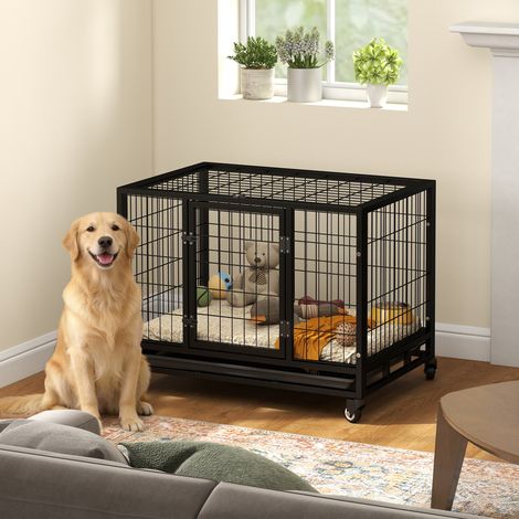 Jaula de Metal para Perros con Ruedas y Frenos Bandeja Extraíble y Puerta con Pestillo para Golden Retriver Labrador 92x62x75 cm Negro (1/5)