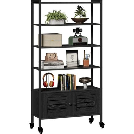 Grande bibliothèque avec portes, étagère de rangement, avec roulettes, étagères à 5 niveaux, étagère réglable sur pied pour salon, bureau, salle à manger, 70 x (1/5)