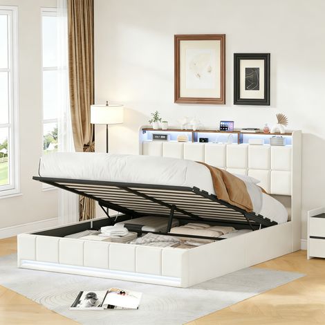 Lit coffre 160x200,lit 160x200 avec sommier,lit double capitonné,lit adulte, tête de lit avec chargement USB et lumières LED réglables,tissu en lin,Beige (1/5)