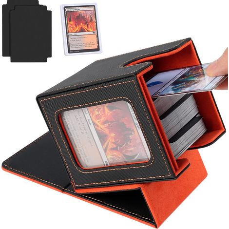 Boîte de Rangement pour Cartes MTG Commander, boîte de Rangement pour Cartes à Collectionner, étui magnétique en Cuir PU Jusqu'à 100+ Double Manchette Cartes, 2 Compartiments 1 toploader,Orange (1/5)