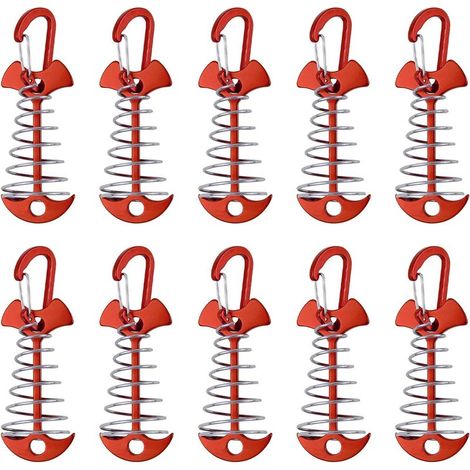 Ancres coupe-vent en aluminium léger – Lot de 10, rouges, avec boucle à ressort intégrée, idéales pour le camping et activités extérieures (1/5)