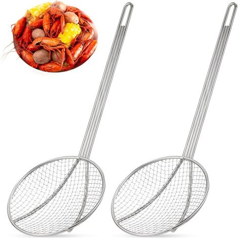 Cuillère à long manche en acier inoxydable de 40 cm (16 pouces), 2 filtres à huile de friture ronds en maille nickelée, cuillère à mélanger, argent (1/5)