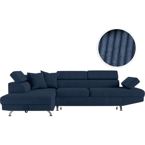 Loungitude – Canapé d'angle convertible 5 places – Velours côtelé bleu foncé – Coffre de rangement intégré – Dimensions 271 x 192 x 85 cm (1/5)