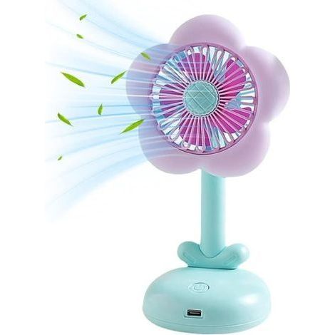 Ventilatore da scrivania portatile, di piccole dimensioni, flusso d'aria silenzioso, ricaricabile tramite USB, grazioso design floreale con luce, blu (1/5)