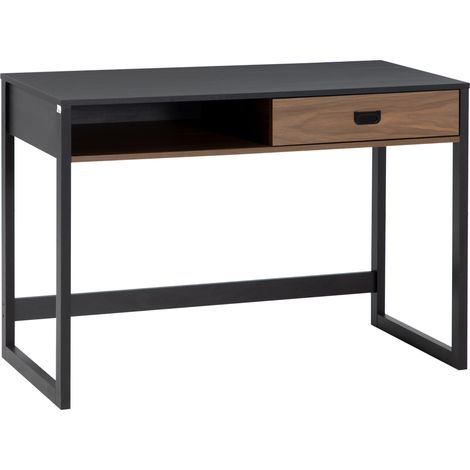 Bureau design industriel grand plateau avec tiroir et étagère, 110 x 50 x 76 cm, finition noyer et noir