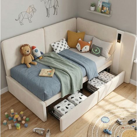 Cama dormitorio 90x200 con cajones USB y lámpara OKMYHOME (1/5)