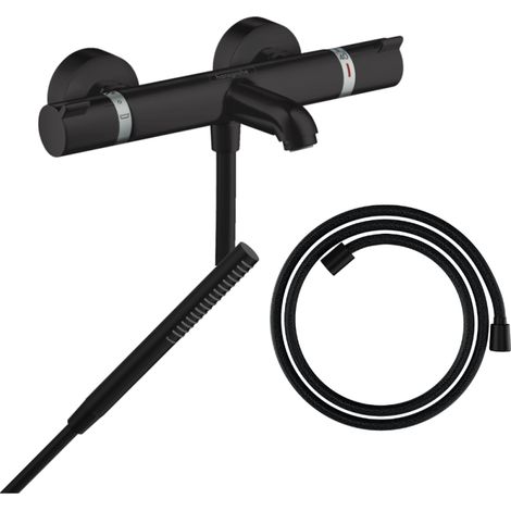 Pack mezclador termostático para baño-ducha HANSGROHE Ecostat Comfort + flexo Designflex + rociador Pulsify S negro mate