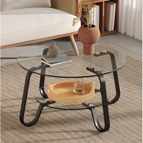 Mesa de centro de metal negro con 2 estantes de vidrio templado, redonda (1/5)