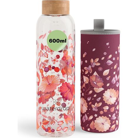 Bouteille en Verre 600ml - Gourde en Verre Borosilicate avec Bouchon Bambou et Housse, Sans BPA, Étanche, Idéale pour Maison, Bureau, Sport, Voyage (1/5)