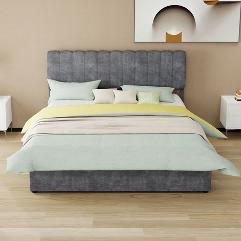 Lit moderne minimaliste rembourré, tête de lit moelleuse, 160x200 cm, gris, meuble de chambre polyvalent, sommier coffre haut à vérin pneumatique, sans matelas