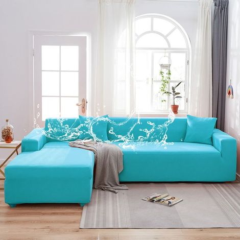 Housse de canapé entièrement enveloppante, imperméable et anti-poussière – Élastique en tissu combiné avec finition soie de lait, couleur bleu ciel, taille réglable 90–140 cm (sans housses pour coussi