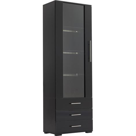 Vetrina alta nera lucida in MDF 60 x 35 x 180 cm con illuminazione LED e 3 cassetti (1/5)