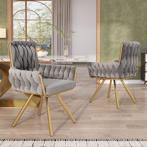 Chaise de salle a manger pivotante 360° en velours gris, avec accoudoirs et structure en acier,55×50×87cm (1/5)