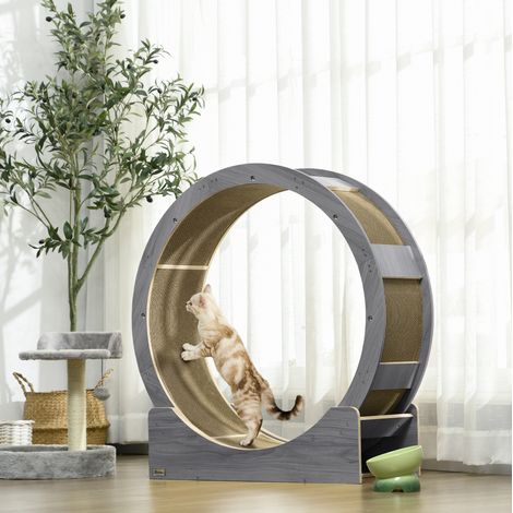 Rueda de ejercicio para gato 91x33,5x94 cm de madera gris con freno, interior – MEUBLIV (1/5)