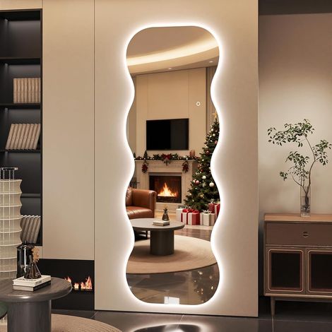 Hasipu Ganzkörperspiegel mit Lichtern 180 x 60cm, Wellförmiger LED Wandspiegel mit Touch-Schalter, 3 Lichtfarben Dimmbar für Schlafzimmer, Garderobe