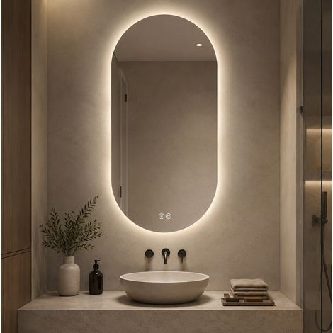 Espejo LED mural 60x120 cm de vidrio y metal plateado, antivaho para baño – MEUBLIV (1/5)