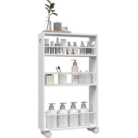 Chariot de cuisine et de salle de bain à 3 niveaux, gain de place, avec barres latérales et roues verrouillables, blanc (1/5)