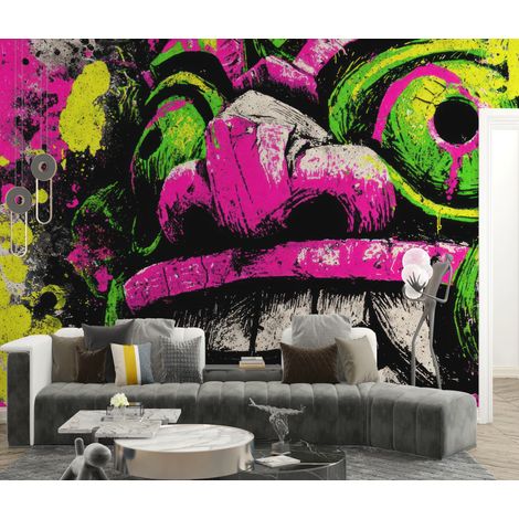 Papier peint graffiti - masque de monstre rose et vert fluo - 150 x 250 cm (1/2)