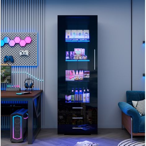 Vitrina 60x35x180 cm negra en MDF con frente brillo, LED, puerta acrílica y 3 cajones (1/5)