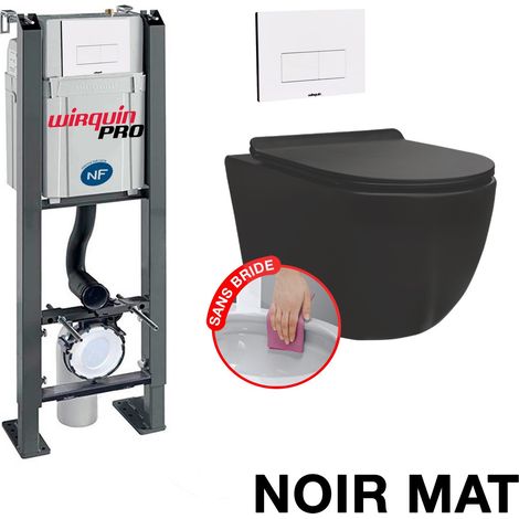 Wirquin Pro – Pack complet WC suspendu sans bride – Bâti autoportant – Cuvette en céramique noire mate – Abattant thermodur avec frein de chute (1/5)