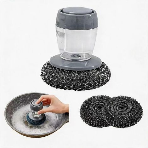 Brosse à vaisselle distributeur de savon intégré poignée ergonomique évier kit nettoyage : 1 brosse fil d'acier + 2 accessoires (1/5)