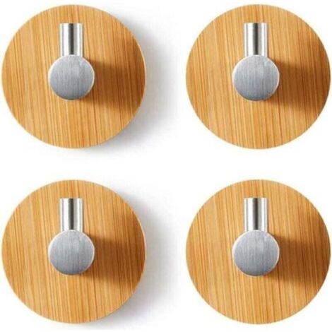 4 Stück Bambus-Wandhaken, XU, selbstklebende Edelstahlhaken mit Bohrlöchern für Handtücher, geeignet für Badezimmer, Toilette, Küche (Silber) - (1/4)