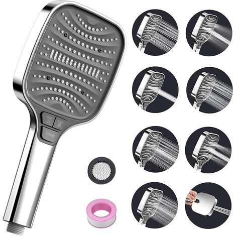 Pommeau de douche à main haute pression – 8 modes de jet – Économie d’eau – Installation facile – Pour salle de bain ( Argent chromé ) (1/5)