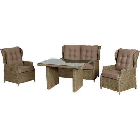 Inko 4-teilige Lounge-Sitzgruppe Leona Rattanoptik mit Tisch 120x83 cm natur Tischplatte aus Glas (1/5)