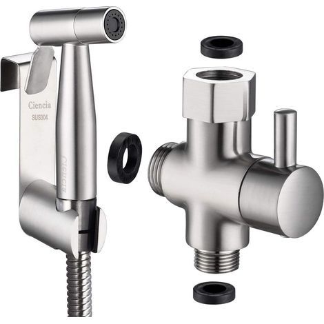 Kit Douchette Wc Acier Inox Douchette à Main Bidet avec Vanne WC 3 Voies 3/8"-12/17 et Tuyau de Douche 1.2m (1/5)