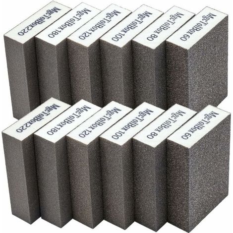 Lot de 12 éponges et blocs de ponçage, grains 60/80/100/120/180/220, lavables et réutilisables. Caractéristiques :
