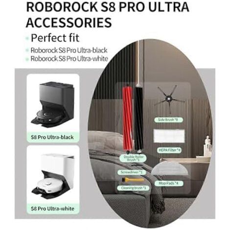 NALOOKAMIC Pour aspirateur robot Roborock S8 / S8+ / S8 Pro Ultra : brosse principale latérale, filtre HEPA, lingette de nettoyage et sacs à poussière