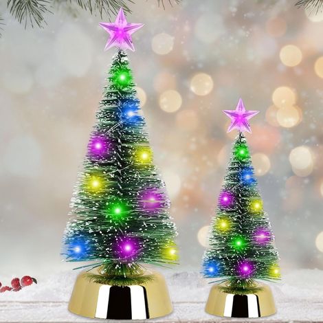 Mini Sapin de Noël Artificiel, 2 Pcs Petit Sapin Lumineux, Mini Sapin de Noel avec LED, Petit Sapin de Noël Miniature avec éclairage, Décoration de Table de Noel (19 cm + 25 cm) (1/5)