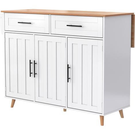 Desserte de cuisine avec plateau rabattable 129 x 46 x 91,5 cm en MDF blanc et décor bois MODENUIT (1/5)