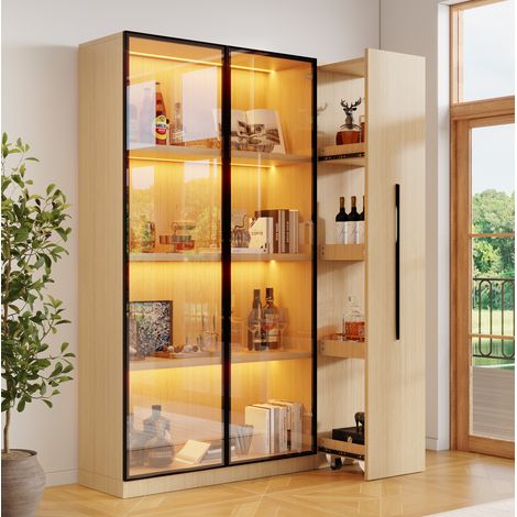 Mobile vetrina con porta in vetro e LED, 110,5 x 35 x 160 cm, quercia OKMYHOME (1/5)