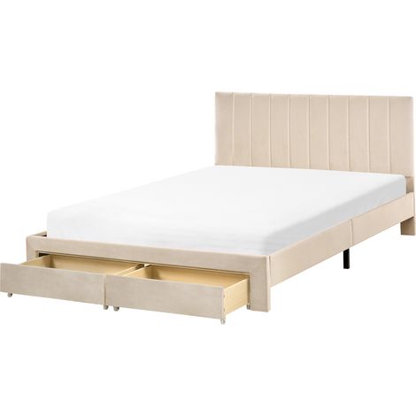 Cama moderna con cajones cabecero tapizado en terciopelo y somier de láminas beige 140 x 200 cm Lonzac (1/5)