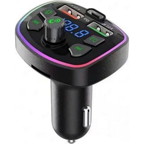 Bluetooth FM car transmitter with bass equalizer, dual USB and Type-C fast charging, CVC noise reduction, 7-color LED, stereo sound, TF/microSD playback, i-compatible (1/4)