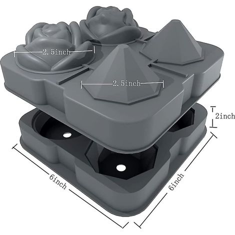 Graue Silikon-Eiswürfelform mit 2 Mulden, Rosen- und Rautenmuster, mit 6,35 cm (2,5 Zoll) großen Eiswürfelformen (1/3)