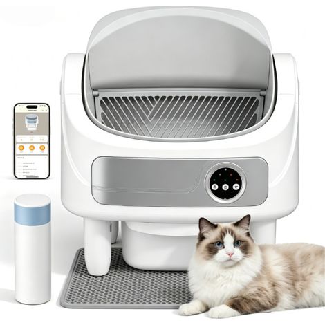 Bac à Litière Automatique Pour Chat Auto-Nettoyant, 75L+10.5L Contrôle Via Application Nettoyage Facile Tapis Et Sacs Inclus