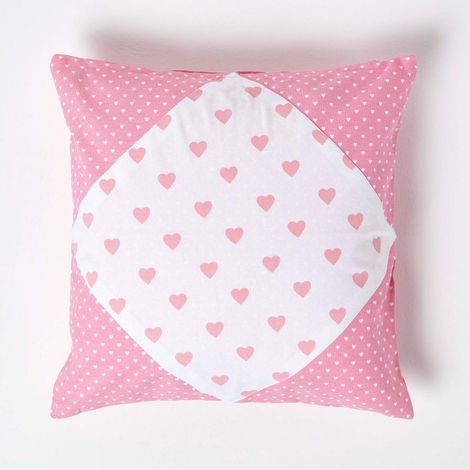 HOMESCAPES Cotton Pink Hearts and Polka Dots Cushion Cover, 45 x 45 cm