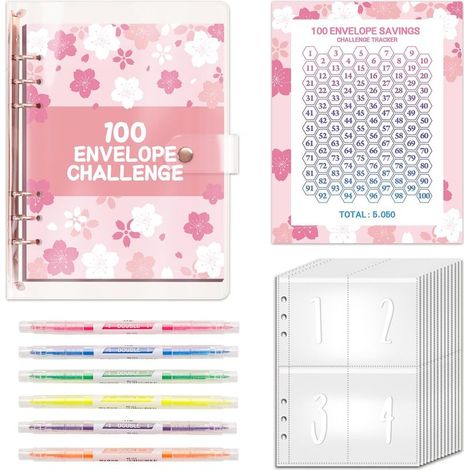 Défi des 100 enveloppes avec 6 surligneurs et deux astuces Agenda budgétaire et classeur à anneaux A5 pour relever le défi et économiser 5 050 en 100 jours (rose) (1/5)