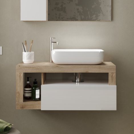 Meuble suspendu salle de bain coloris chêne et blanc L 90cm GAMA (1/5)