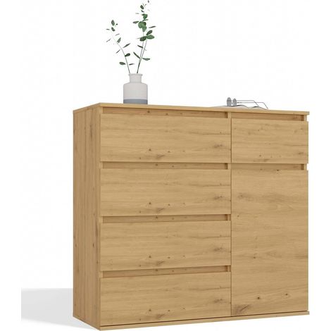 Cassettiera con anta e cinque cassetti per camera da letto e soggiorno, Rovere Artisan, 100 x 40 x 93 cm (1/5)