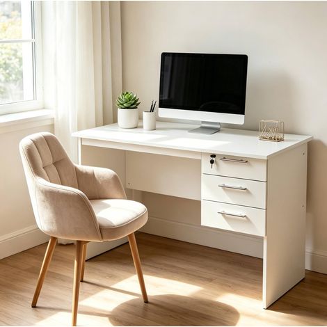 Bureau informatique en bois blanc 120 x 60 x 75 cm, 3 tiroirs dont 1 verrouillable, charge 35 kg (1/5)