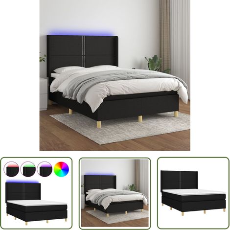 The Living Store Sommier à lattes de lit matelas et LED Noir 140x200 cm Tissu - Sommier Tapissier - Lit Plateforme - Lit Avec Led - Matelas À Ressorts Ensachés - Têtière Ajustable (1/5)