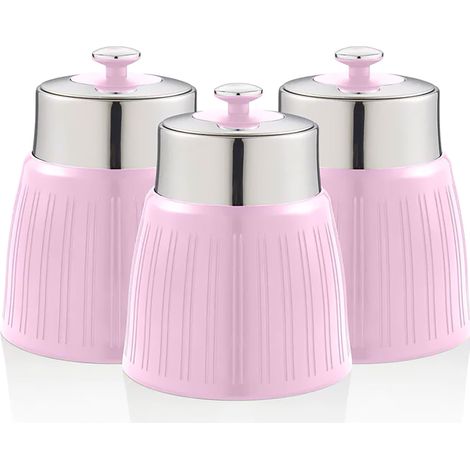 SWAN SWKA1024PN Set 3 Botes Cocina Almacenaje 1,2 L, Plástico y Acero Inox, Especias, Té ,Café, Retro, Vintage  Rosa