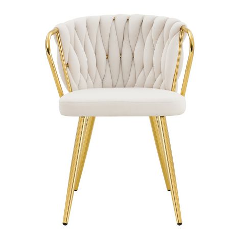 Esszimmerstuhl mit Samtbezug, Moderner Polsterstuhl mit Geflochtenem Rückenlehne & Goldenen Metallbeinen, Ergonomischer Sessel für Esszimmer, Wohnzimmer & Küche, Creme-Gold