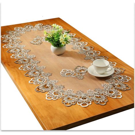 Oval Tischläufer mit Spitze 40x90cm Grau Gestickt Vintage für Couchtisch