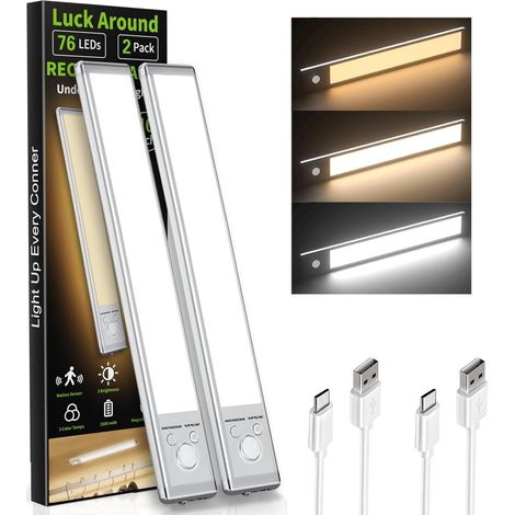 Lot de 2 lampes à détecteur de mouvement sous meuble, 76 LED, 3 niveaux d'intensité, magnétiques, pour placard, cuisine, escaliers, couloir. (1/5)