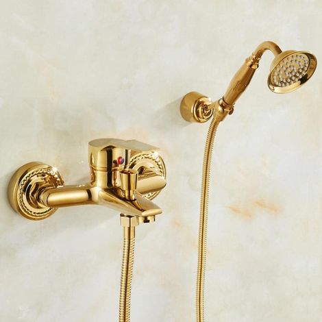 Robinet de baignoire Or Tout en cuivre Douche murale chaude et froide avec pomme de douche à main Mitigeur de baignoire de style moderne (1/5)