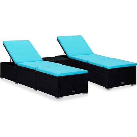 vidaXL Lettini Prendisole con Tavolino 3 pz in Polyrattan Nero